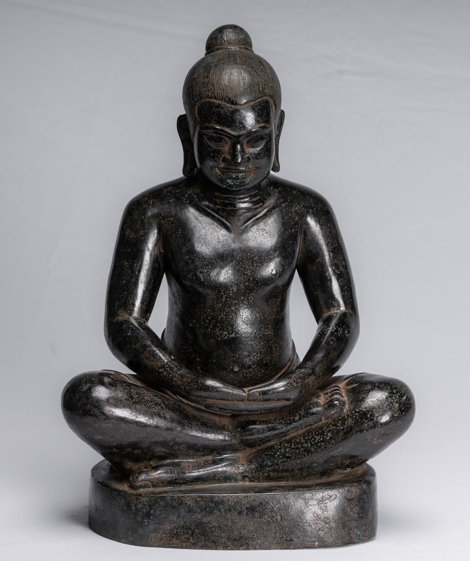 Antique Khmer Style Seated Bronze Meditation Jayavarman VII Statue - 42cm/17"