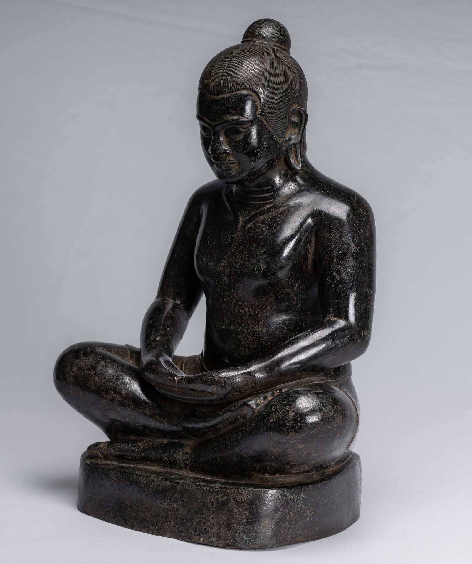 Antique Khmer Style Seated Bronze Meditation Jayavarman VII Statue - 42cm/17"