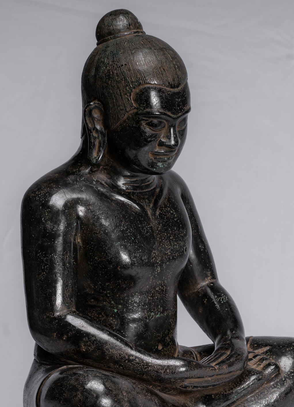 Antique Khmer Style Seated Bronze Meditation Jayavarman VII Statue - 42cm/17"