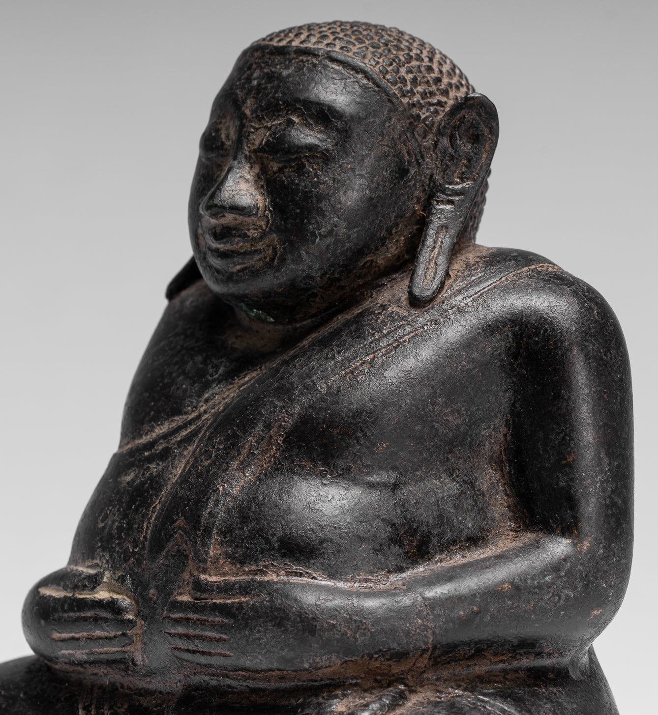 Buddha Statue - Antique Khmer Style Bronze Happy, Fat, Laughing Buddha Budai Statue - 18cm/7"