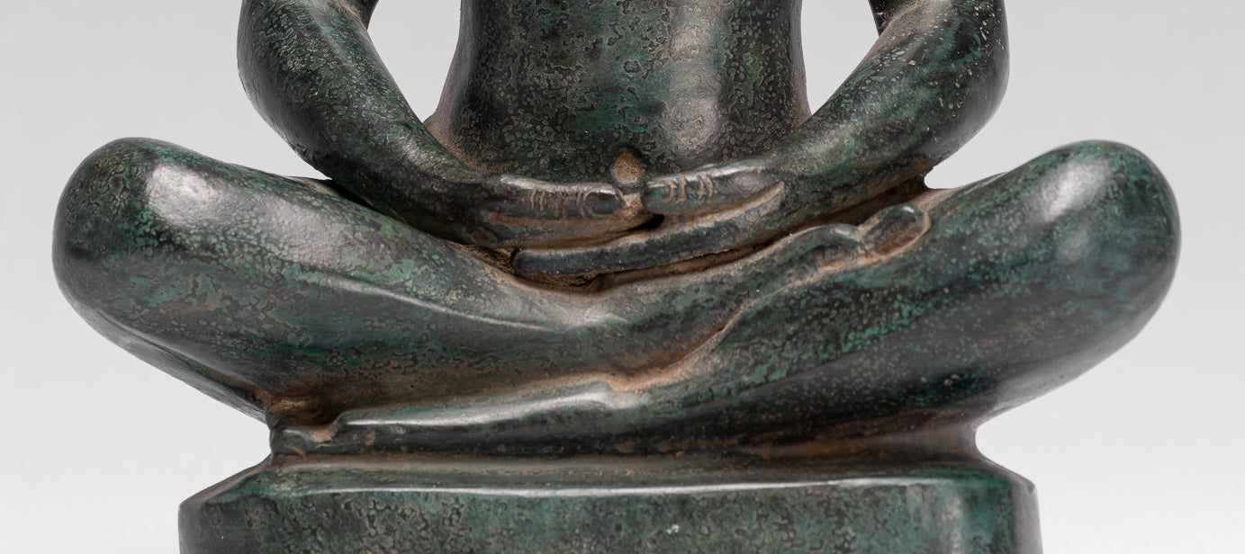 Antique Khmer Style Seated Bronze Meditation Jayavarman VII Statue - 26cm/10"