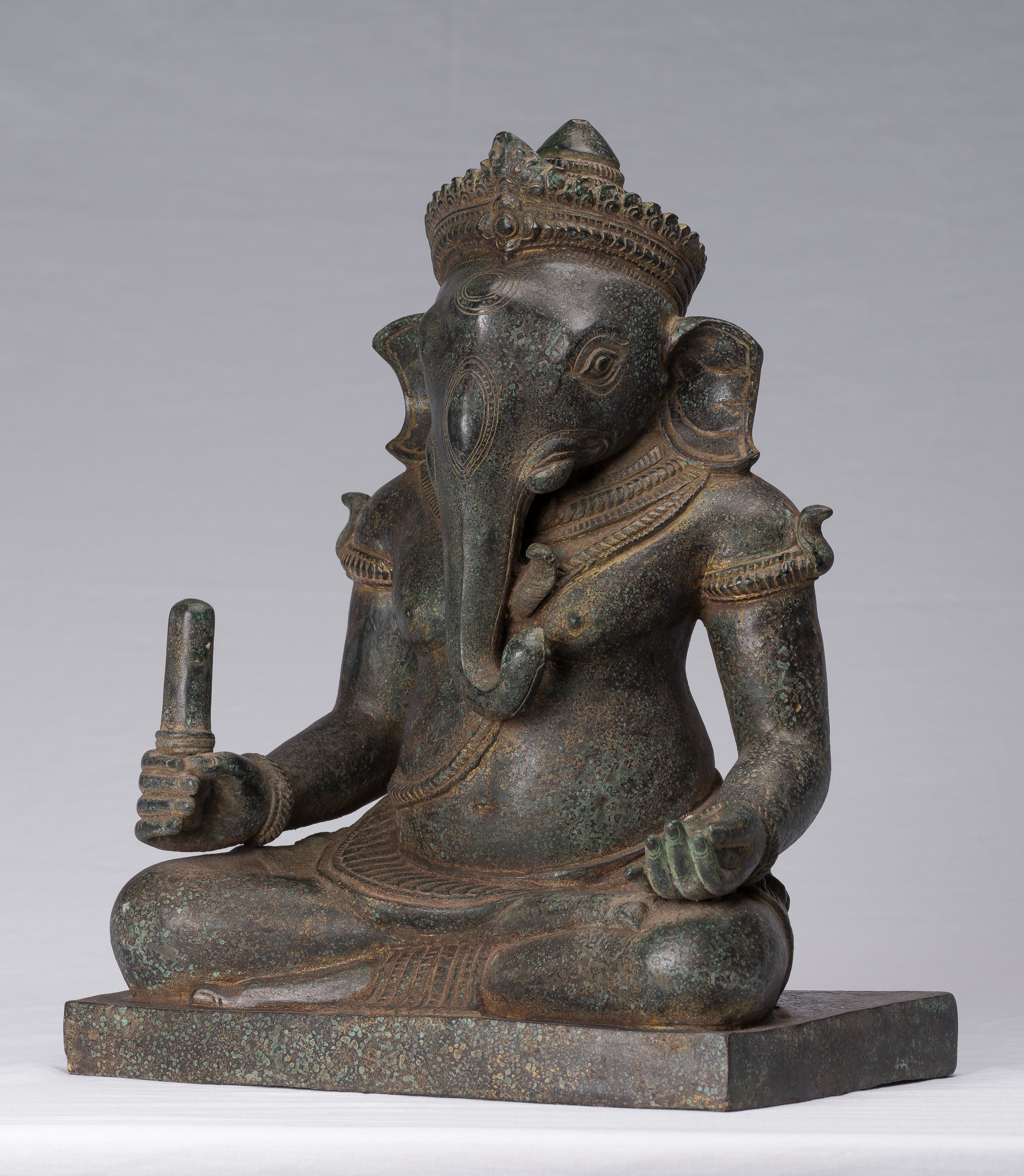 Seated Ganesh - Antique Bayon Style Seated Stone Ganesha Statue