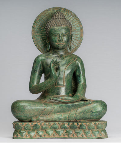 Buddha Statue - Antique Khmer Style Bronze Buddha Statue Dharmachakra Teaching Mudra - 47cm/19"