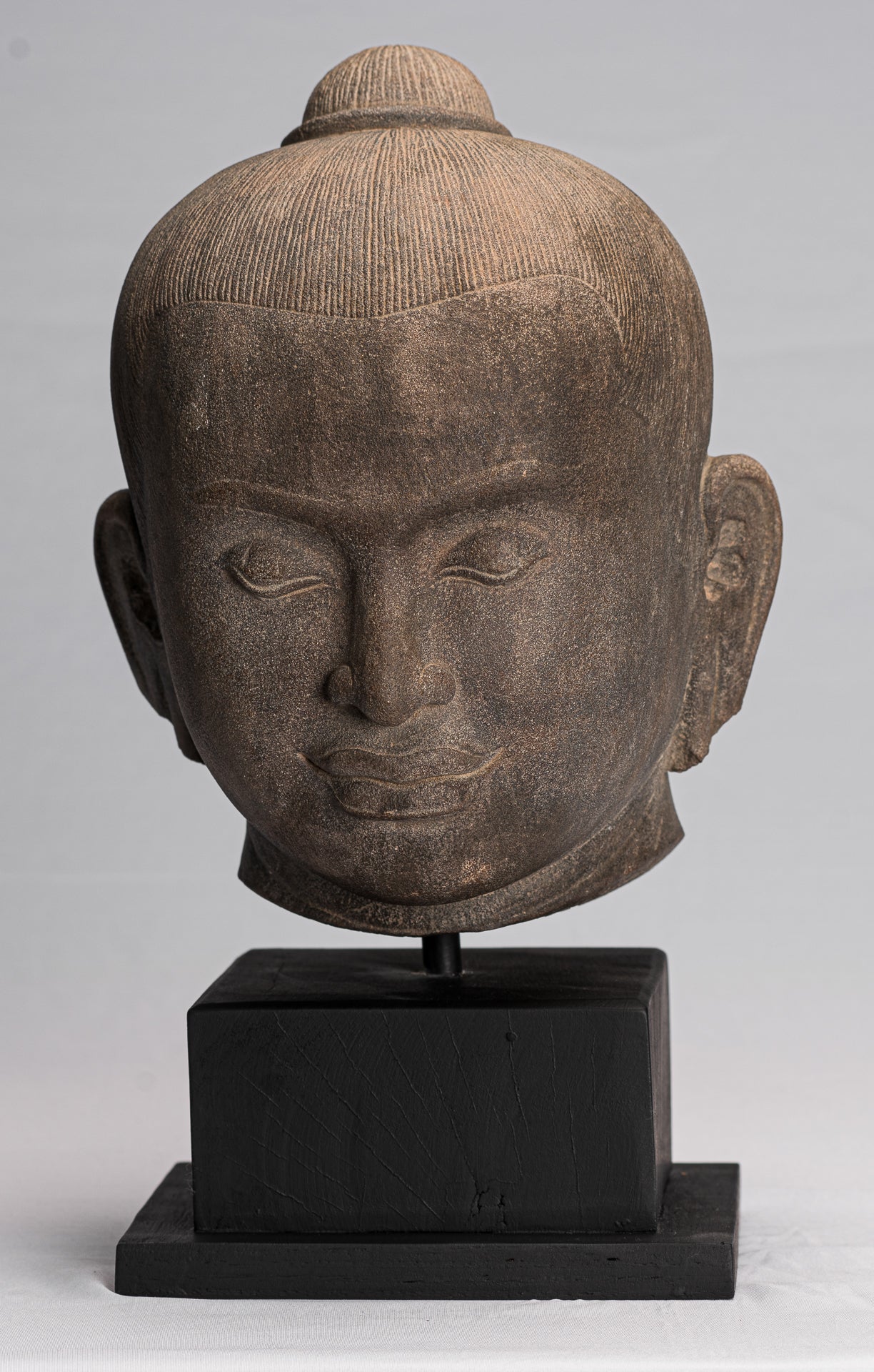 Jayavarman Statue - Antique Khmer Style Mounted Stone Jayavarman VII Head Statue - 38cm/15"