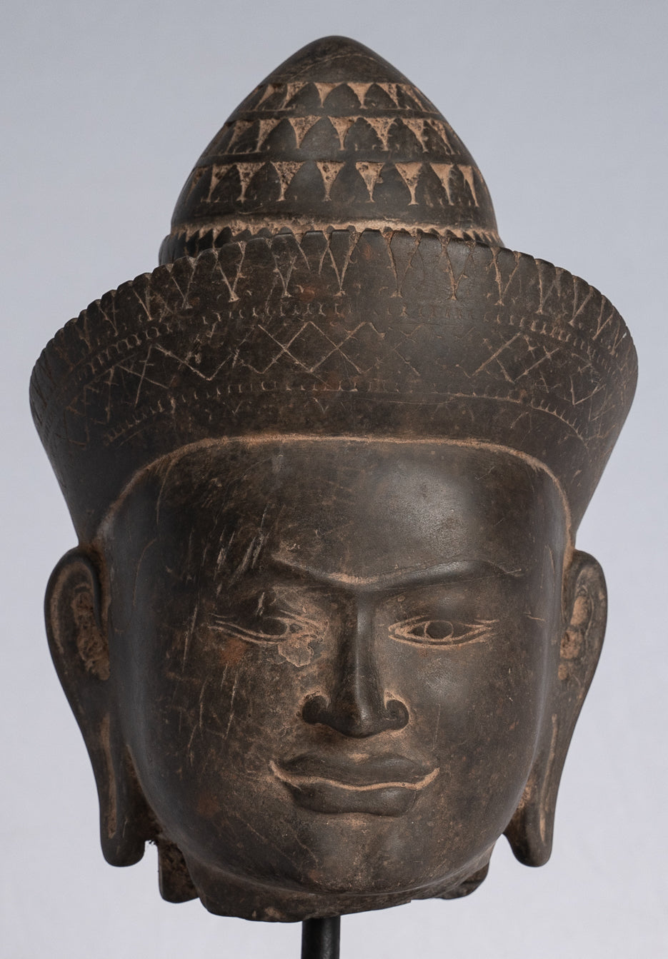 Statue Buddha - Antique Banteay Srei Stone Stone Monted Khmer Buddha Head - 24 cm / 10 "