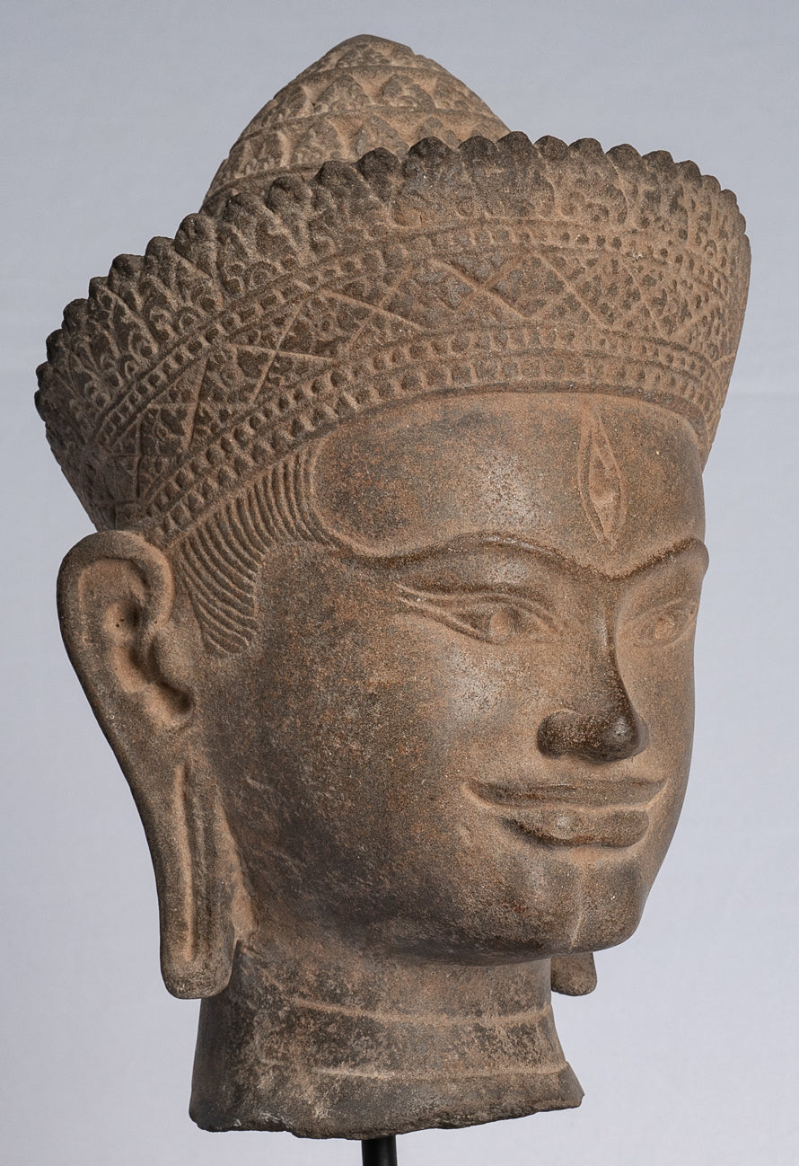 Buddha Statue - Antique Angkor Wat Style Stone Mounted Khmer Buddha Head - 39cm / 16"