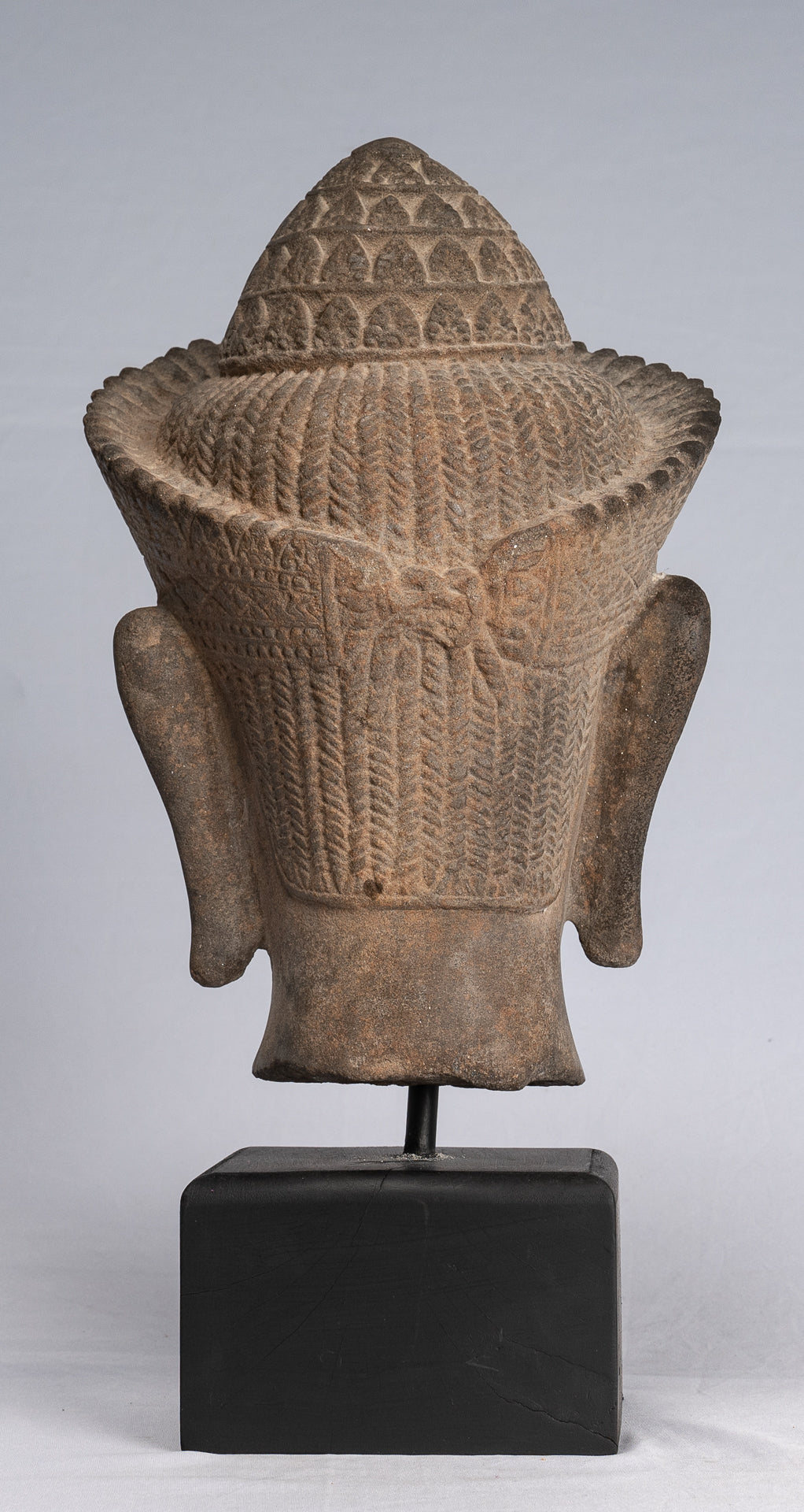 Buddha Statue - Antique Angkor Wat Style Stone Mounted Khmer Buddha Head - 39cm / 16"