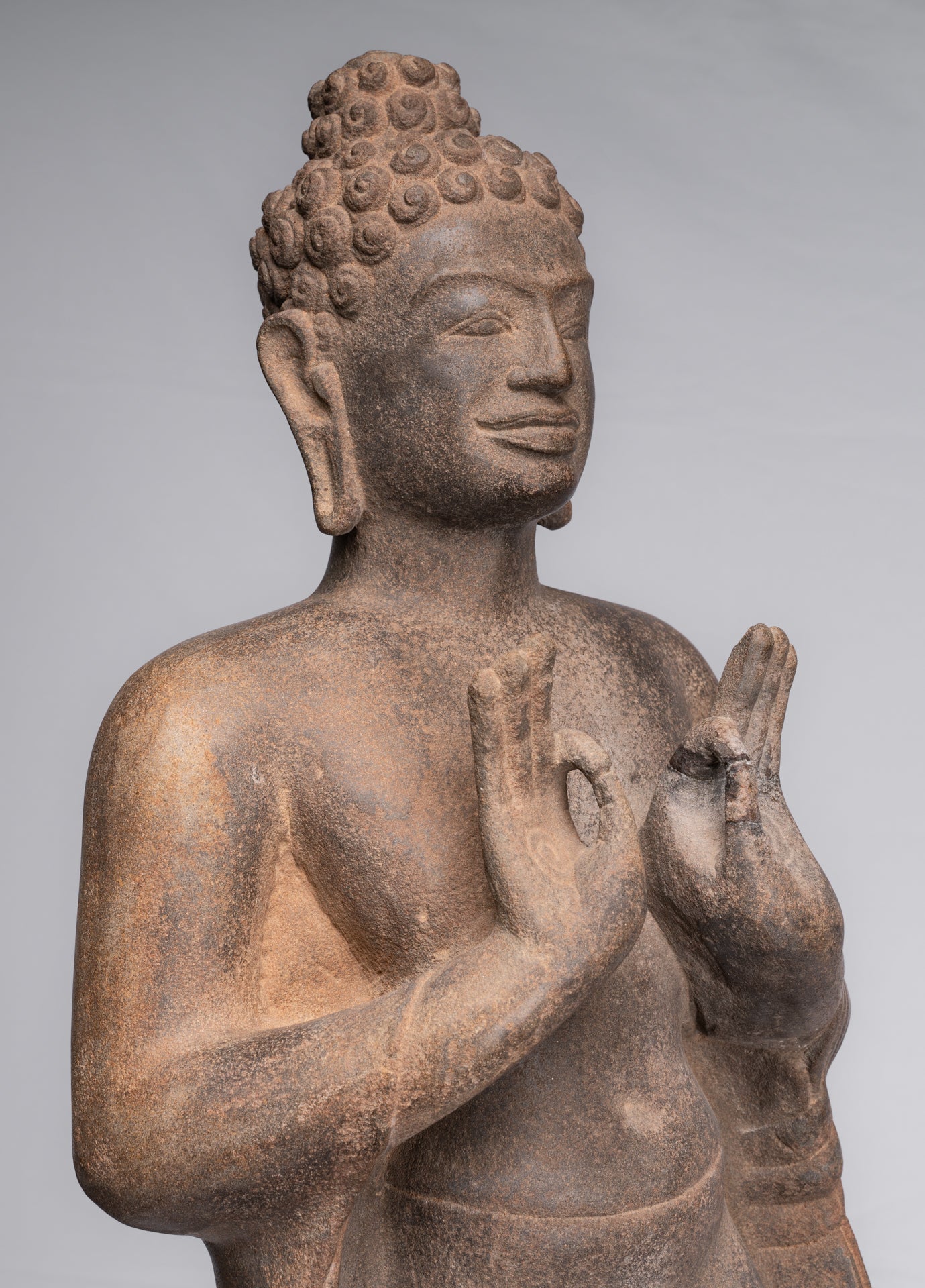 Buddha Statue - Antique Thai Style Standing Stone Dvaravati Buddha Statue - 102cm/41" Tall