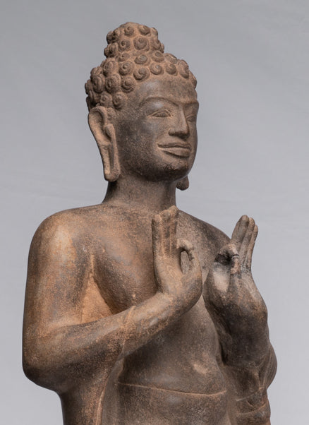 Buddha Statue - Antique Thai Style Standing Stone Dvaravati Buddha Statue - 102cm/41" Tall