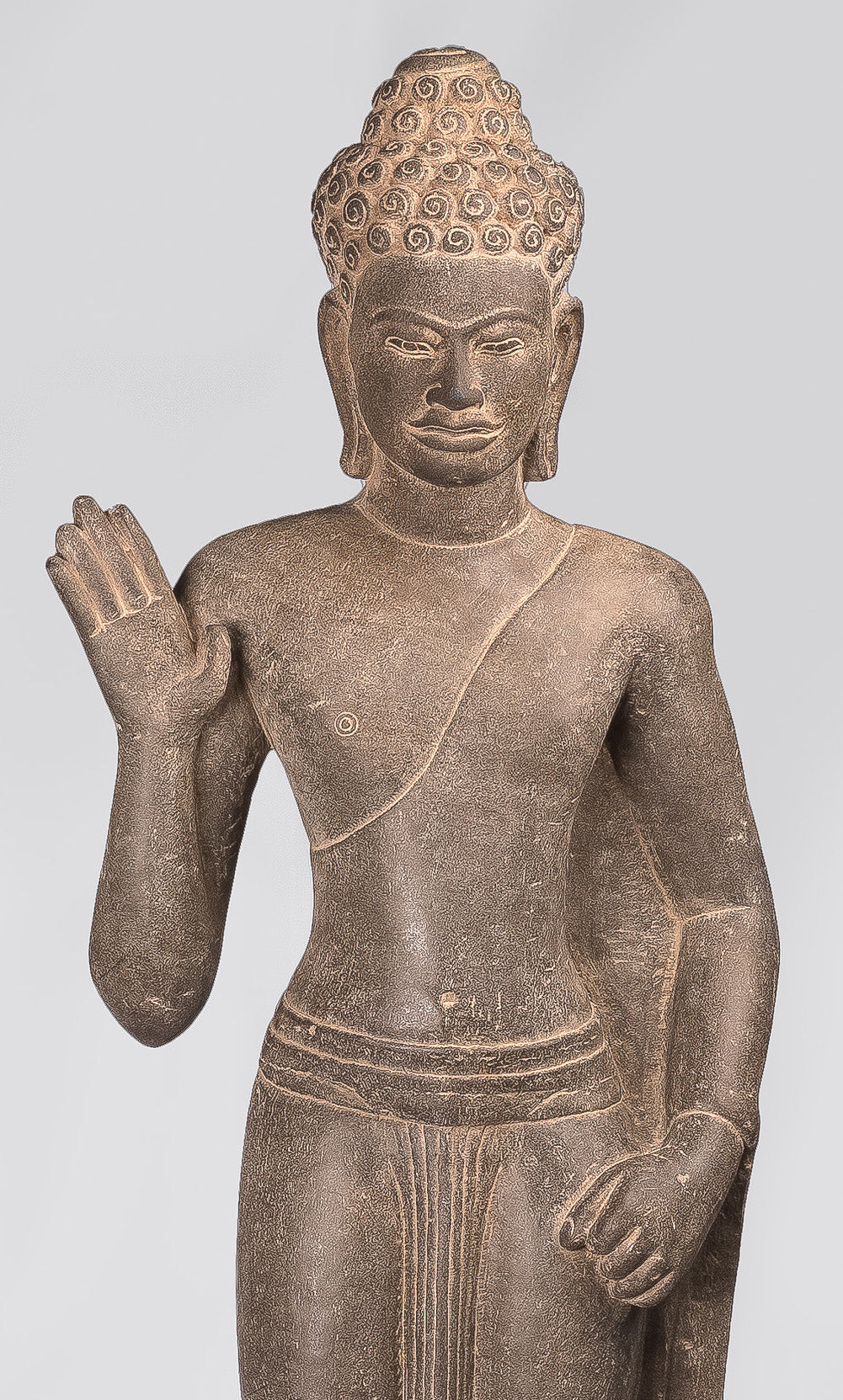 Statua di Buddha - Antique Phnom Da Style Standing Stone Protection Khmer Buddha - 123cm/49 "alto