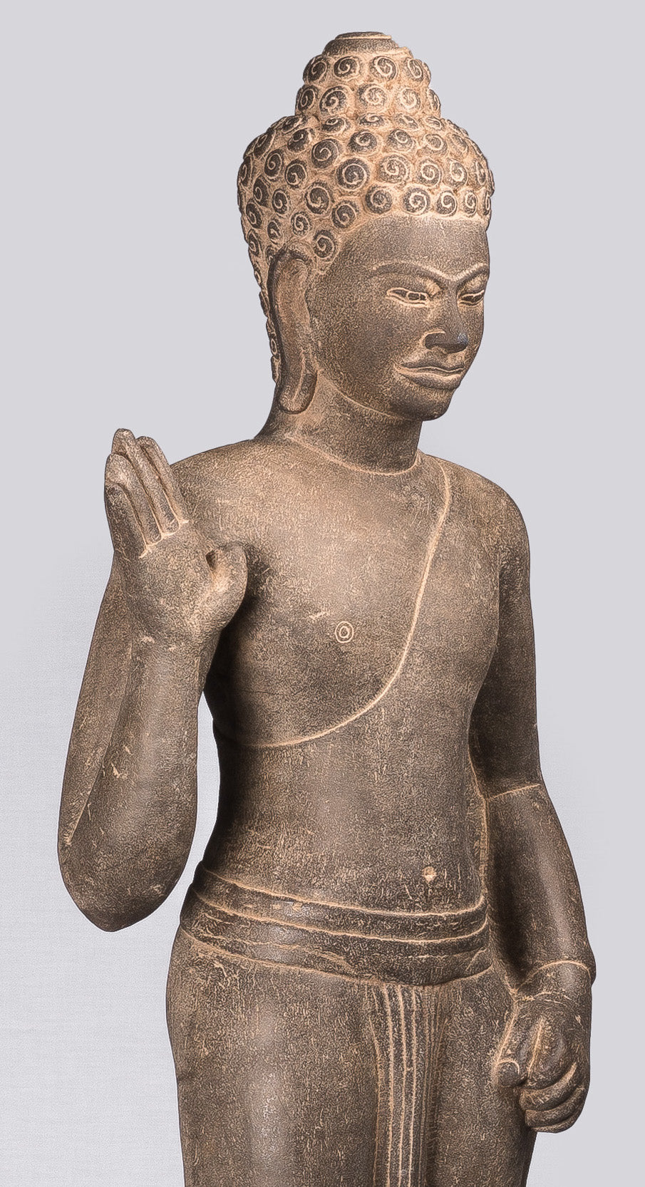 Statua di Buddha - Antique Phnom Da Style Standing Stone Protection Khmer Buddha - 123cm/49 "alto