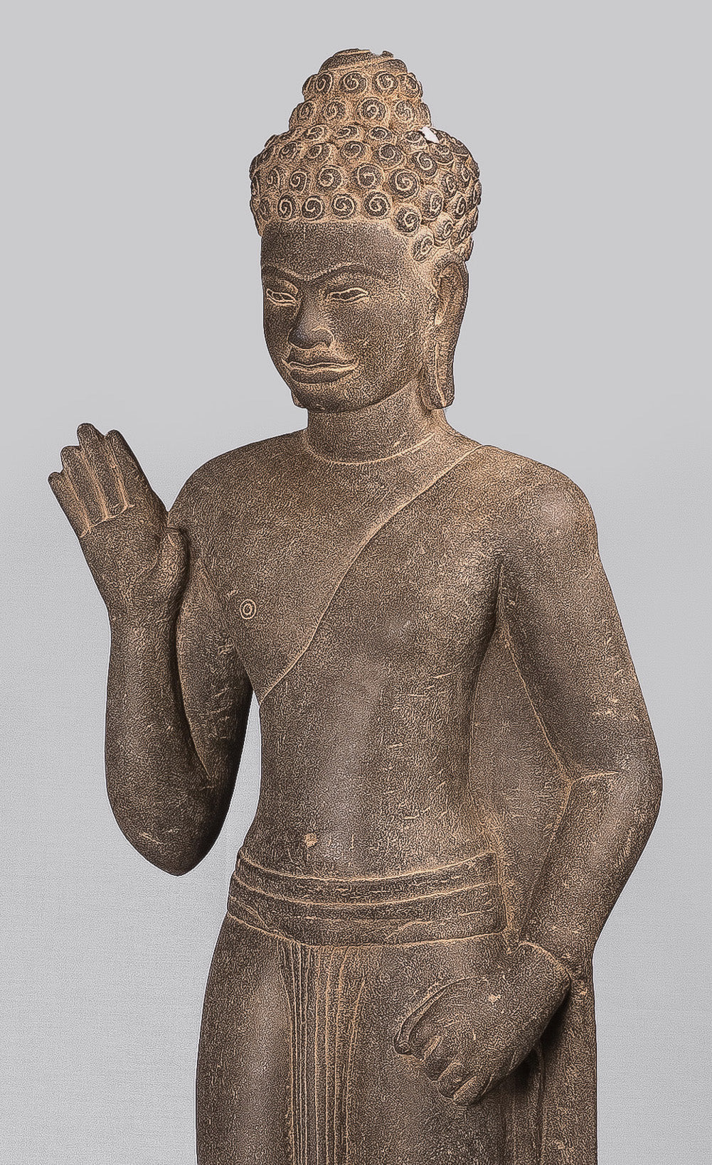Statua di Buddha - Antique Phnom Da Style Standing Stone Protection Khmer Buddha - 123cm/49 "alto