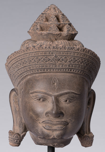 Estatua de Shiva - Antiguo Banteay Srei Style Khmer Stone Shiva Statue Head - Destroyer - 31 cm/12 "