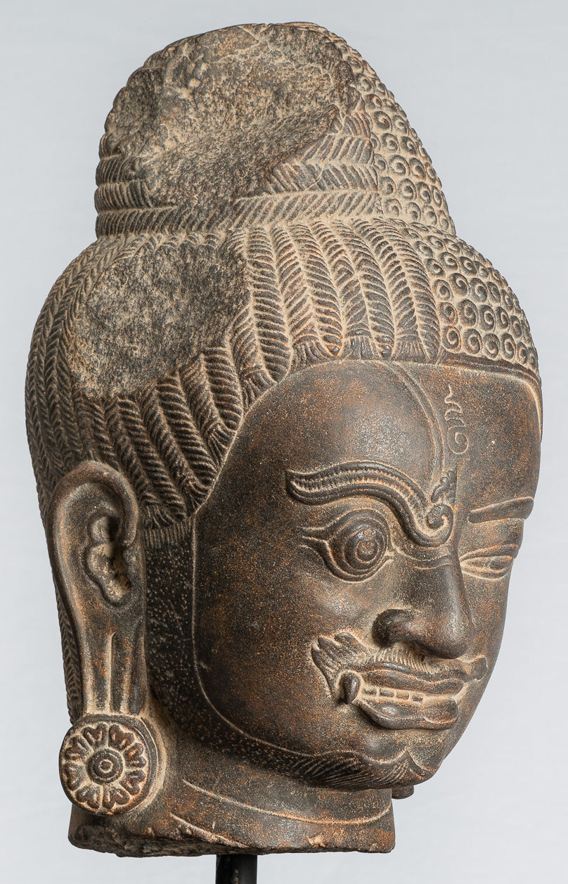 Shiva Statue-Antique Khmer Style Black Stone Yaksha & Yakshaswaroop Shiva Head-47cm/19 "