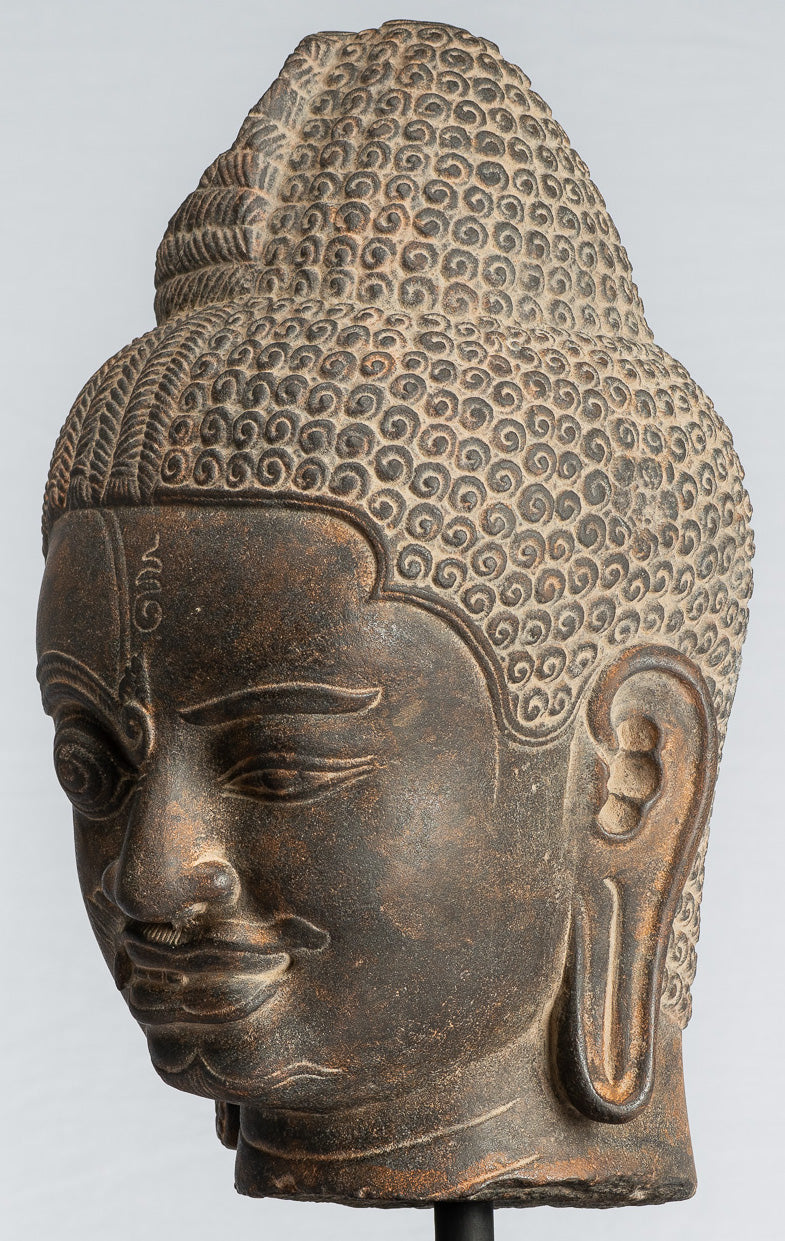 Shiva Statue-Antique Khmer Style Black Stone Yaksha & Yakshaswaroop Shiva Head-47cm/19 "