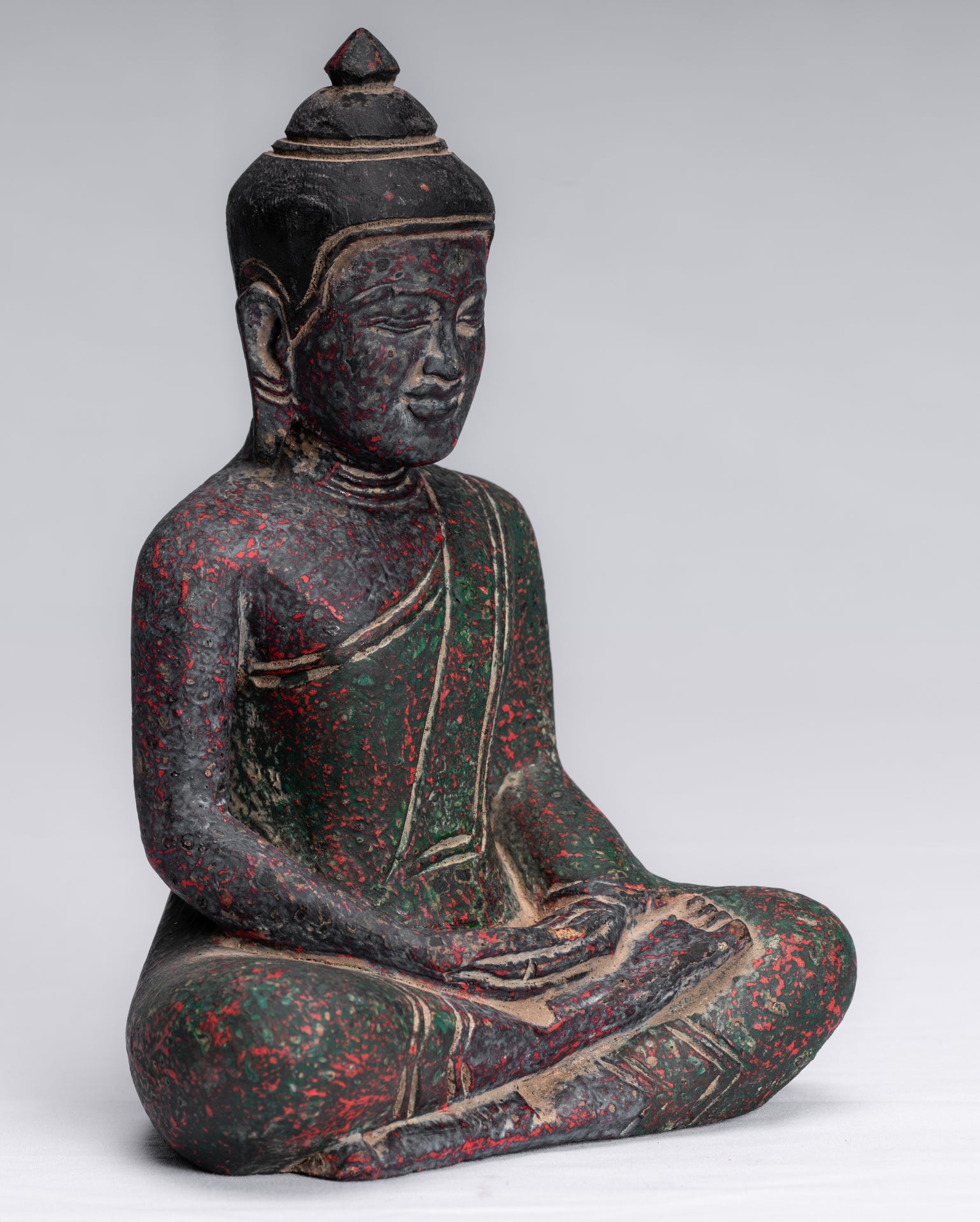 Buddha Sculpture - Antique Khmer in stile Khmer Legno Buddha Statua Dhyana Meditazione Mudra - 20 cm/8 "