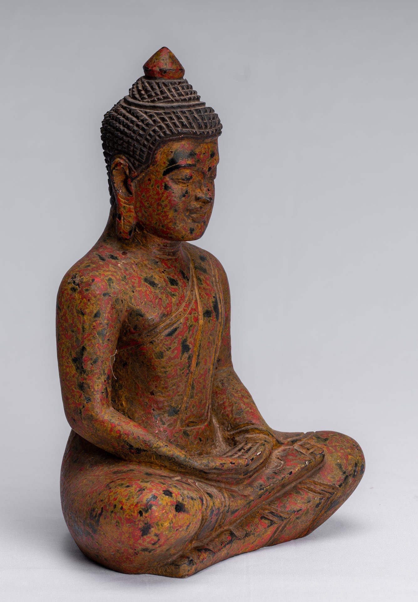 Buddha Sculpture - Antique Khmer Style Wood Seated Buddha Statue Dhyana Meditation Mudra - 26cm/10"
