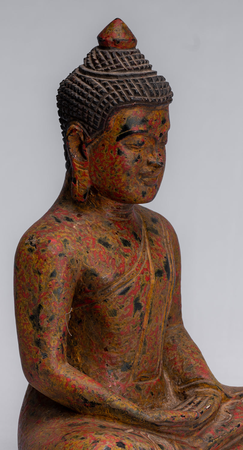 Buddha Sculpture - Antique Khmer Style Wood Seated Buddha Statue Dhyana Meditation Mudra - 26cm/10"