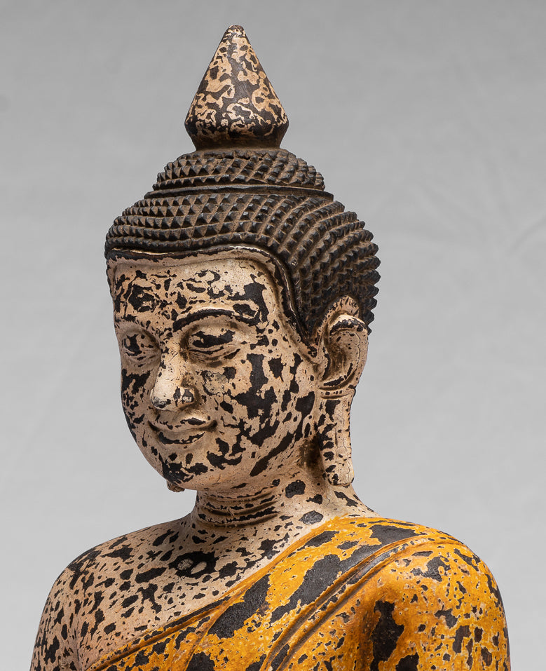 Sculpture de Bouddha – Statue de Bouddha assis en bois de style khmer antique Dhyana Méditation Mudra – 40 cm