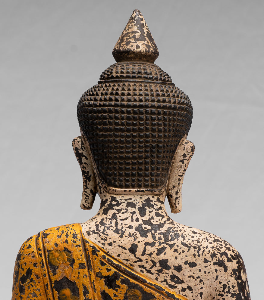 Sculpture de Bouddha – Statue de Bouddha assis en bois de style khmer antique Dhyana Méditation Mudra – 40 cm