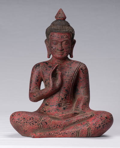 Sculpture de Bouddha – Bouddha – Statue de Bouddha assis en bois de style khmer antique, enseignement Mudra – 34 cm