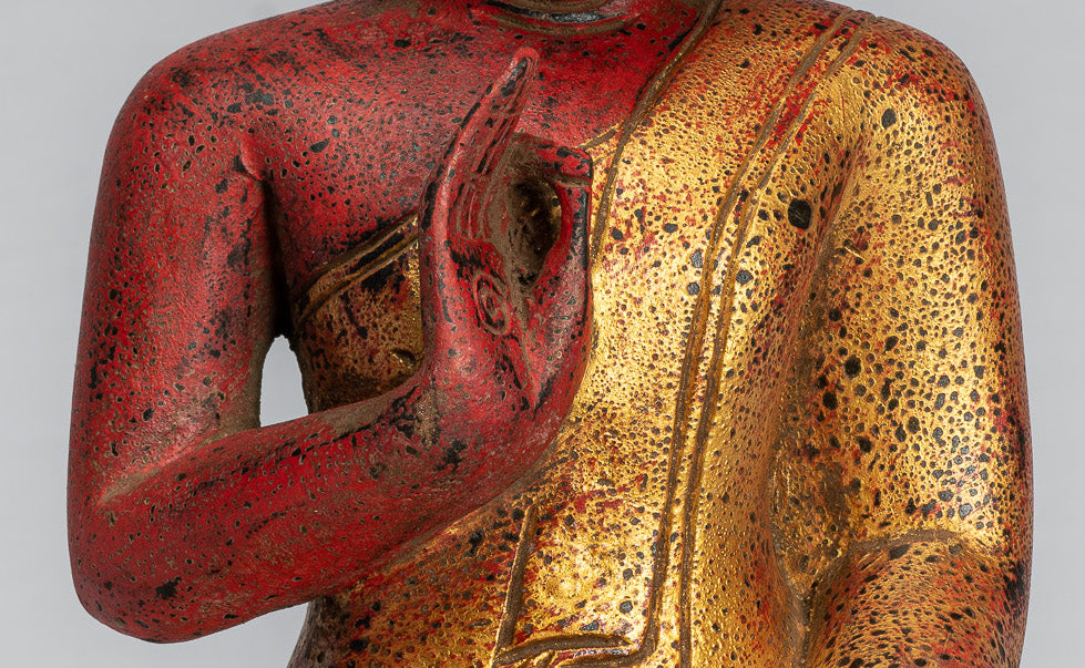 Escultura de Buda - Buda - Estatua de buda de madera de estilo jemer antiguo de estilo jemer enseñando mudra - 32 cm/13 "