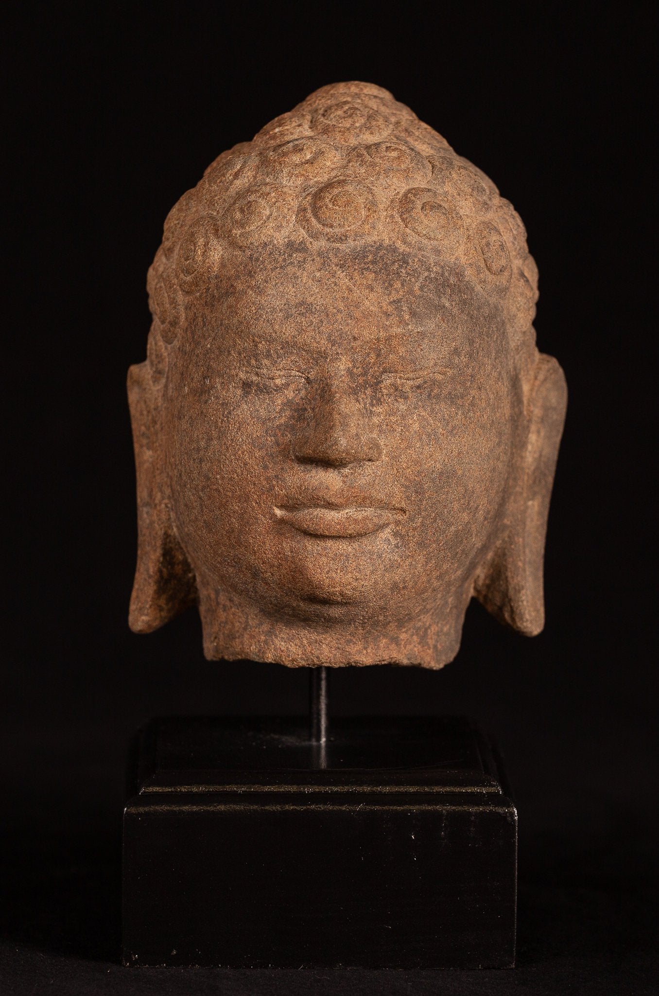 Statue de Bouddha antique – Statue de tête de Bouddha en pierre Dvaravati thaïlandaise du 18ème siècle – 23 cm/9"