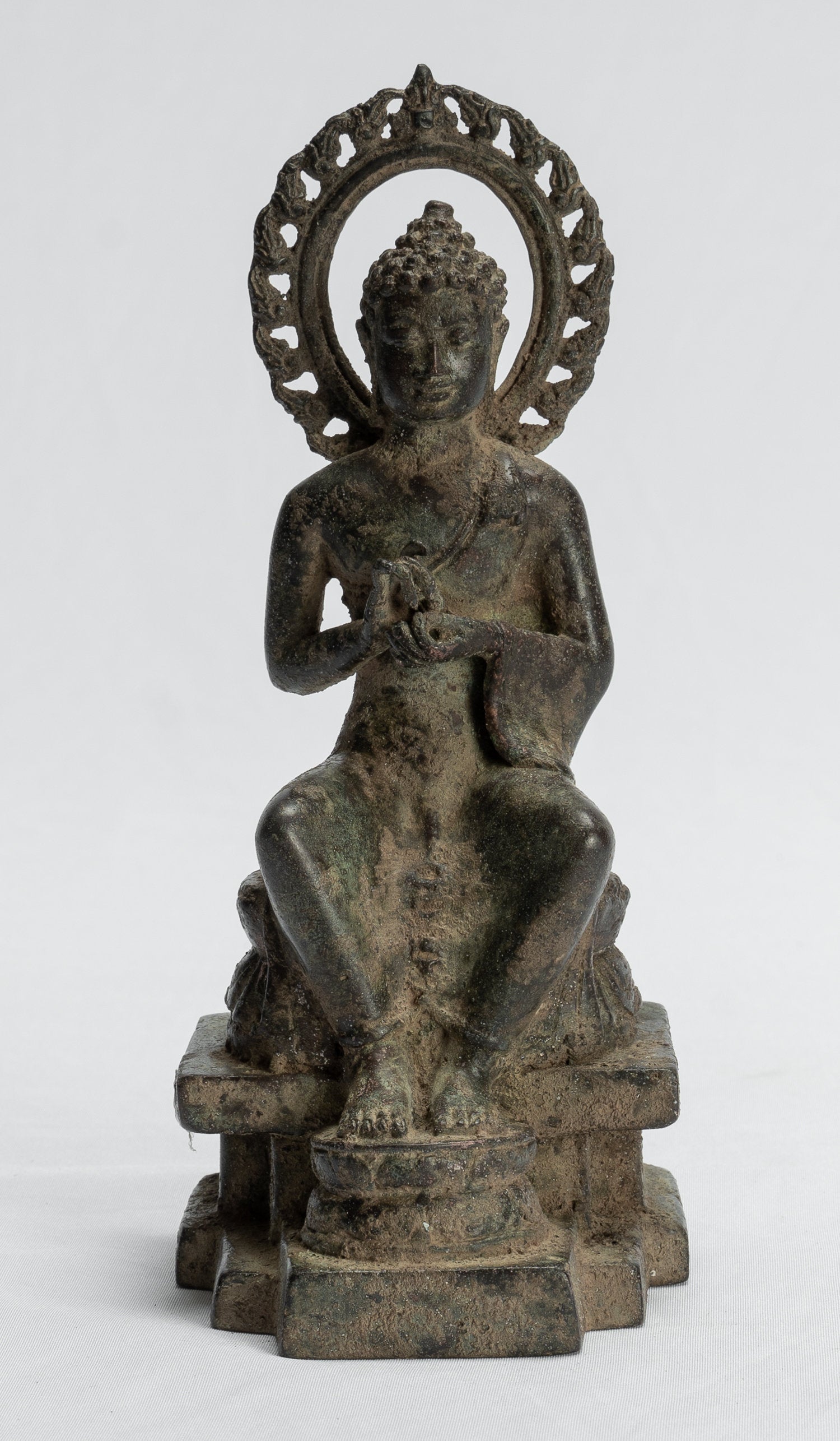 Bouddha Statue-Antique Indonésien Style Seated Bronze Javanais Preaching Buddha-18cm/7 "