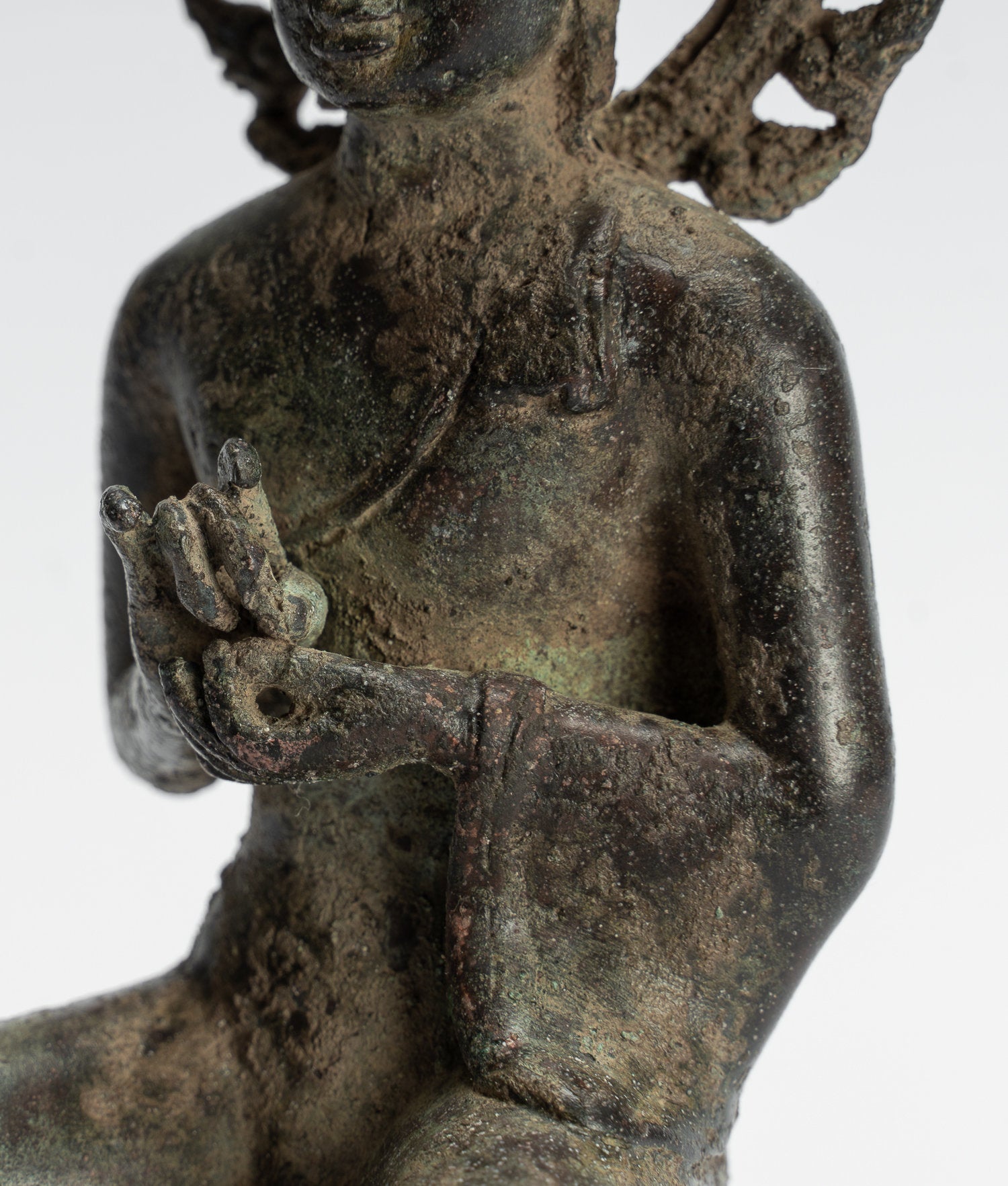 Bouddha Statue-Antique Indonésien Style Seated Bronze Javanais Preaching Buddha-18cm/7 "