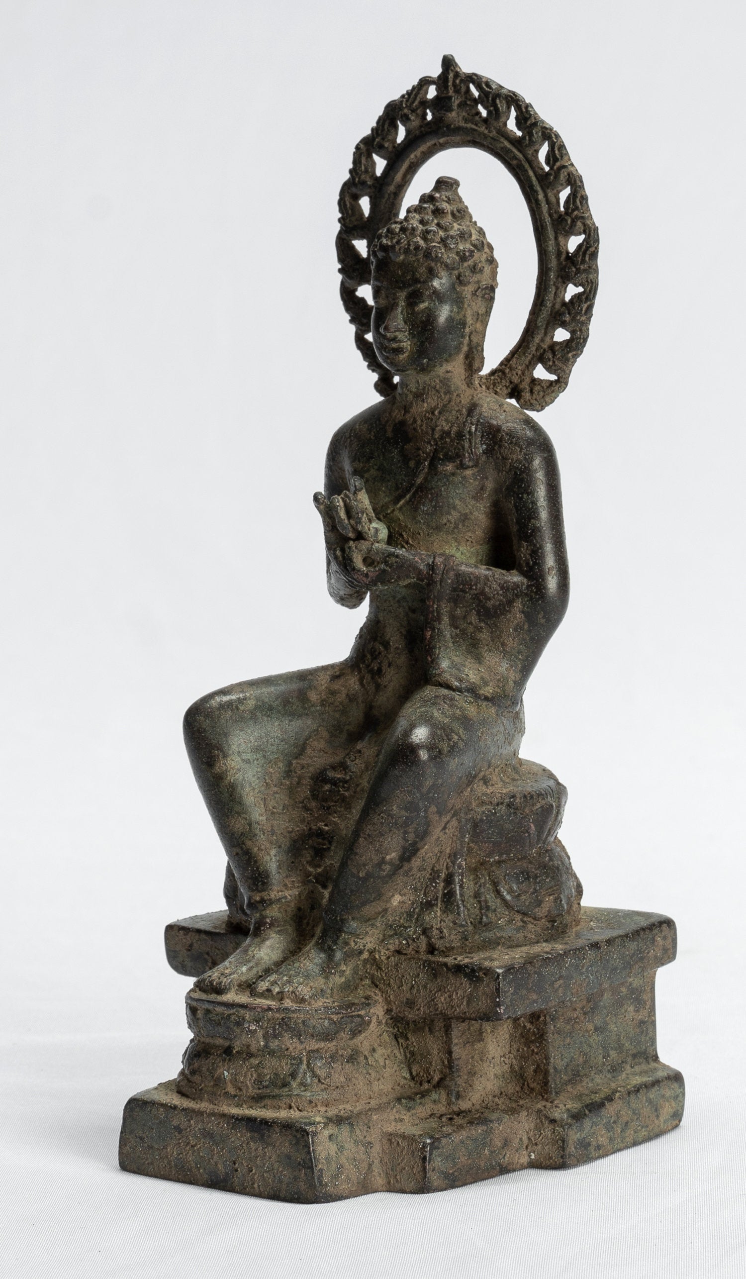 Bouddha Statue-Antique Indonésien Style Seated Bronze Javanais Preaching Buddha-18cm/7 "