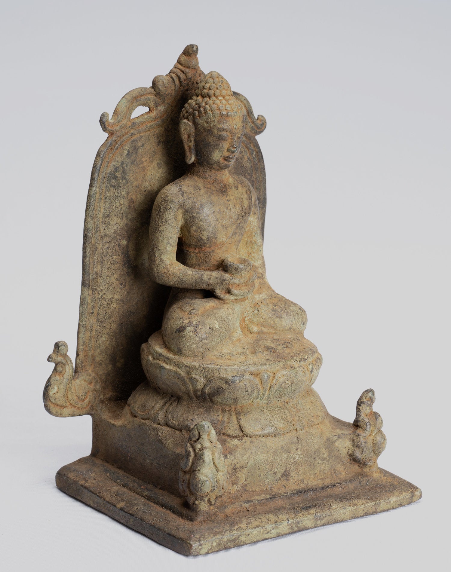 Statua Buddha - Antique in stile indonesiano Bronzo seduto amitabha statua di Buddha giavanese - 16 cm/6 "