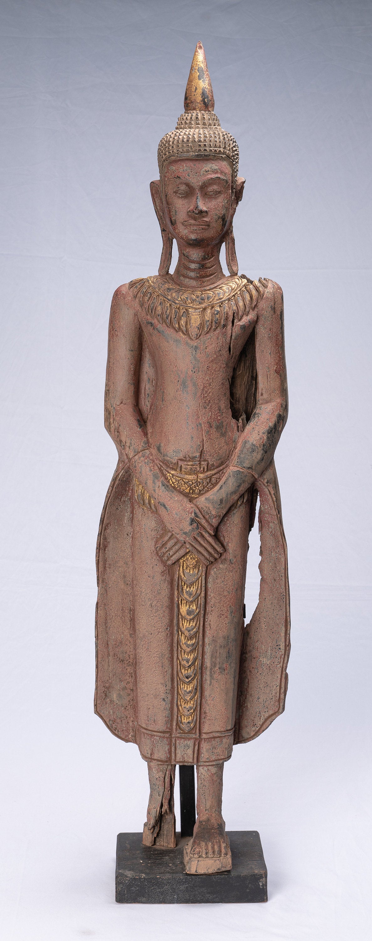 Statue de Bouddha – Statue de Bouddha antique de style khmer debout en bois réfléchi du dimanche – 98 cm/39"