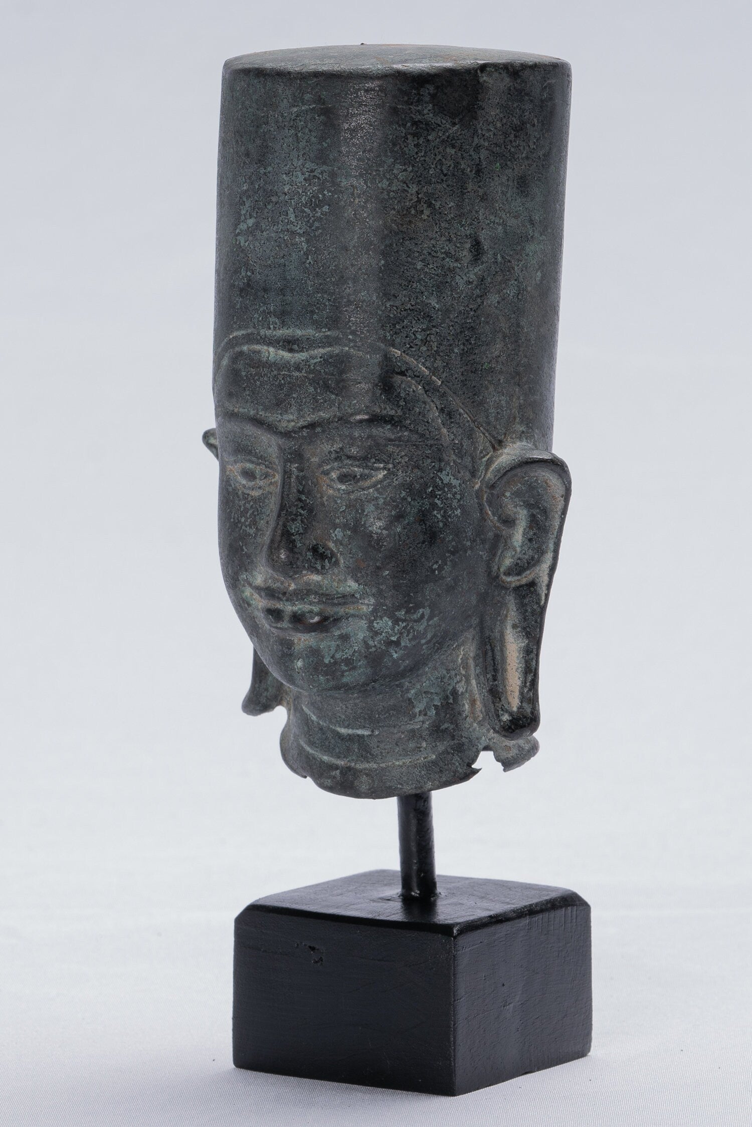 Vishnu Statue - Antique Phnom Da Style Mounted Bronze Khmer Vishnu Head - 19cm/8"