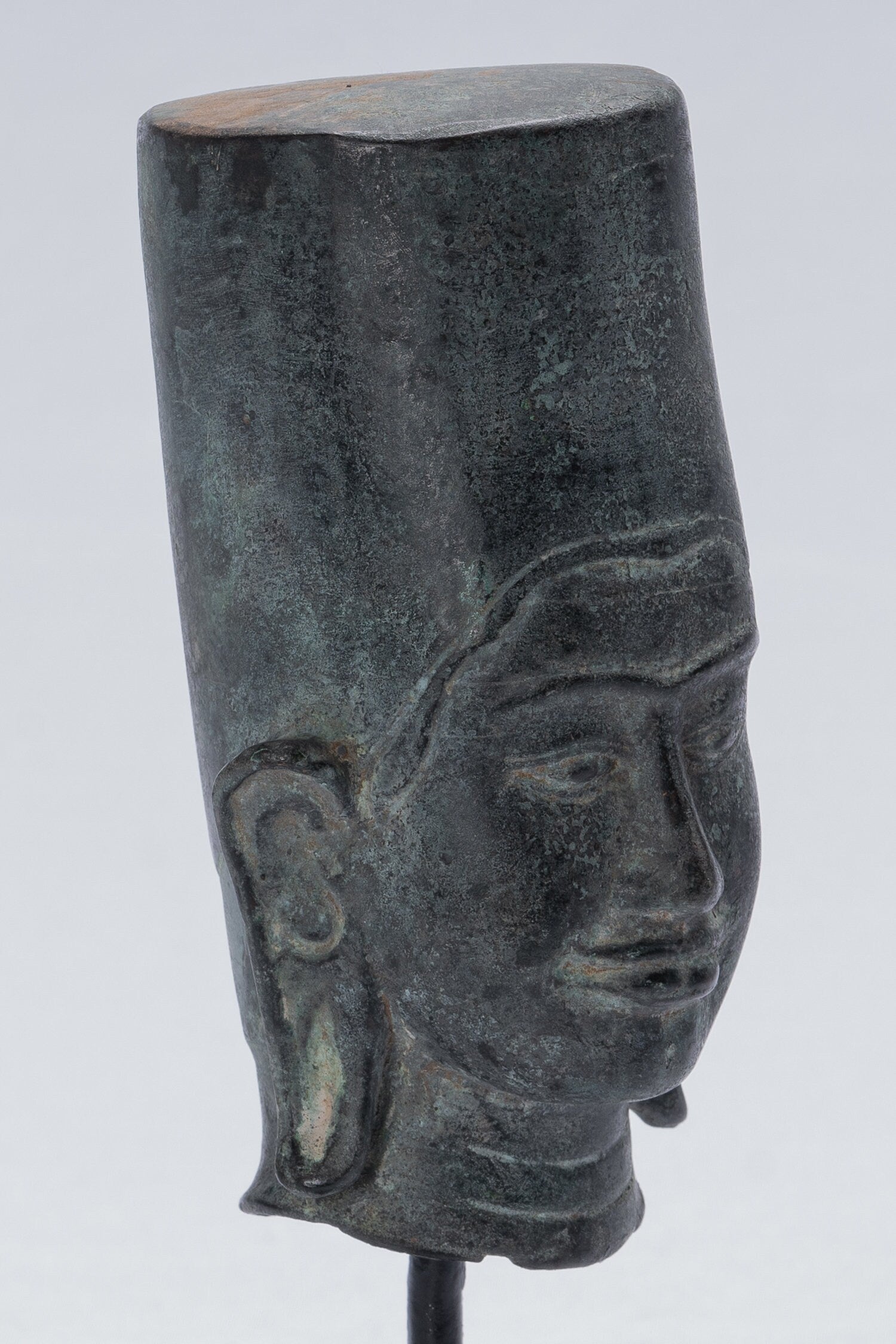 Vishnu Statue - Antique Phnom Da Style Mounted Bronze Khmer Vishnu Head - 19cm/8"