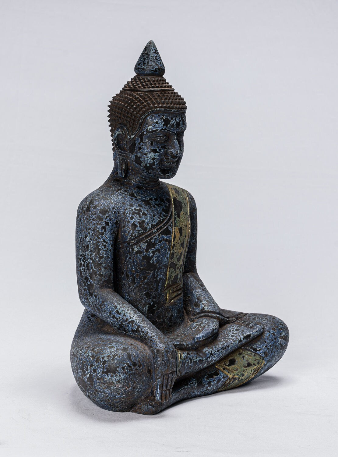 Buddha Statue - Antique Khmer Style SE Asia Seated Wood Enlightenment Buddha Statue - 39cm/16"