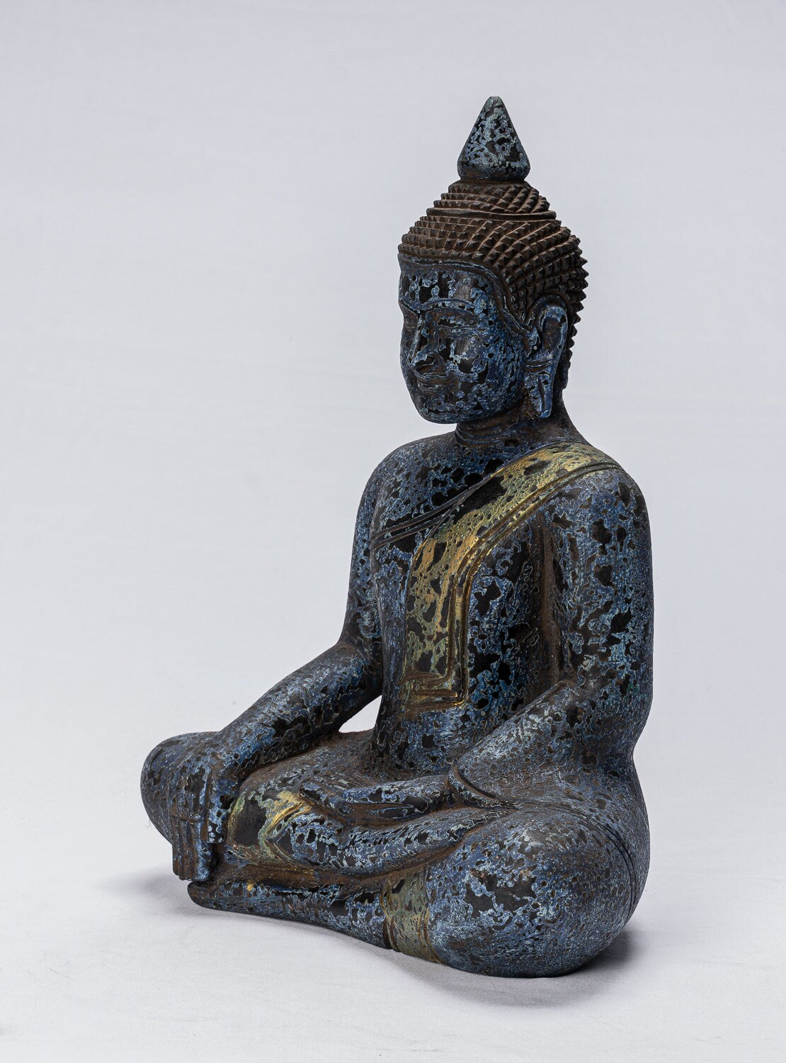 Buddha Statue - Antique Khmer Style SE Asia Seated Wood Enlightenment Buddha Statue - 39cm/16"