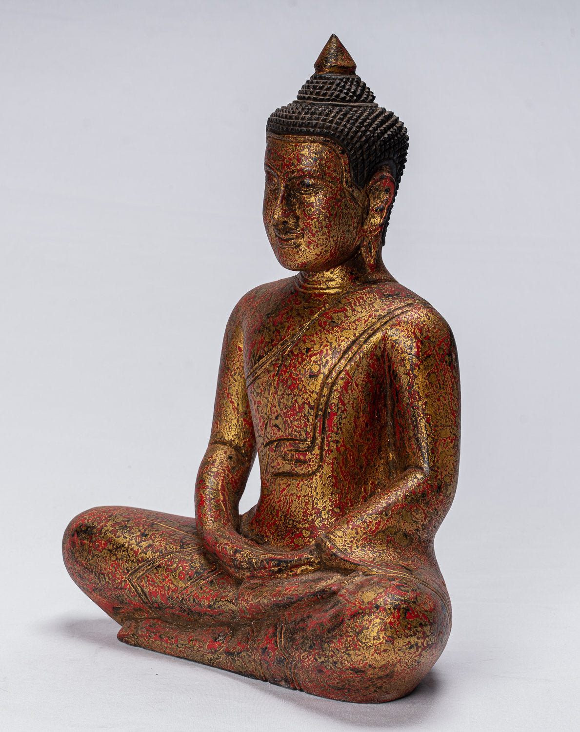 Sculpture de Bouddha – Statue de Bouddha assis en bois de style khmer antique Dhyana Méditation Mudra – 38 cm/15"