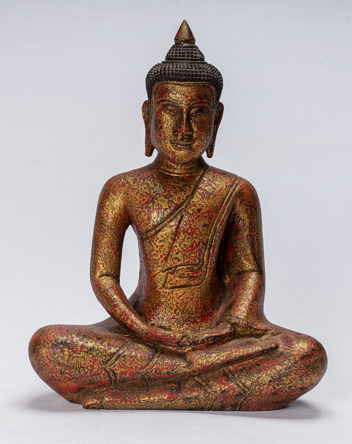 Sculpture de Bouddha – Statue de Bouddha assis en bois de style khmer antique Dhyana Méditation Mudra – 38 cm/15"