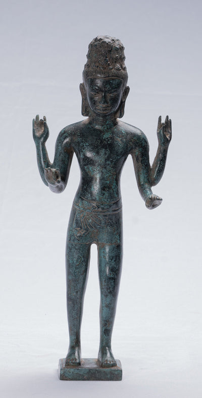 Sculpture de Lokeshvara – Statue khmère Lokeshvara en bronze de style Bayon antique – 33 cm/13"
