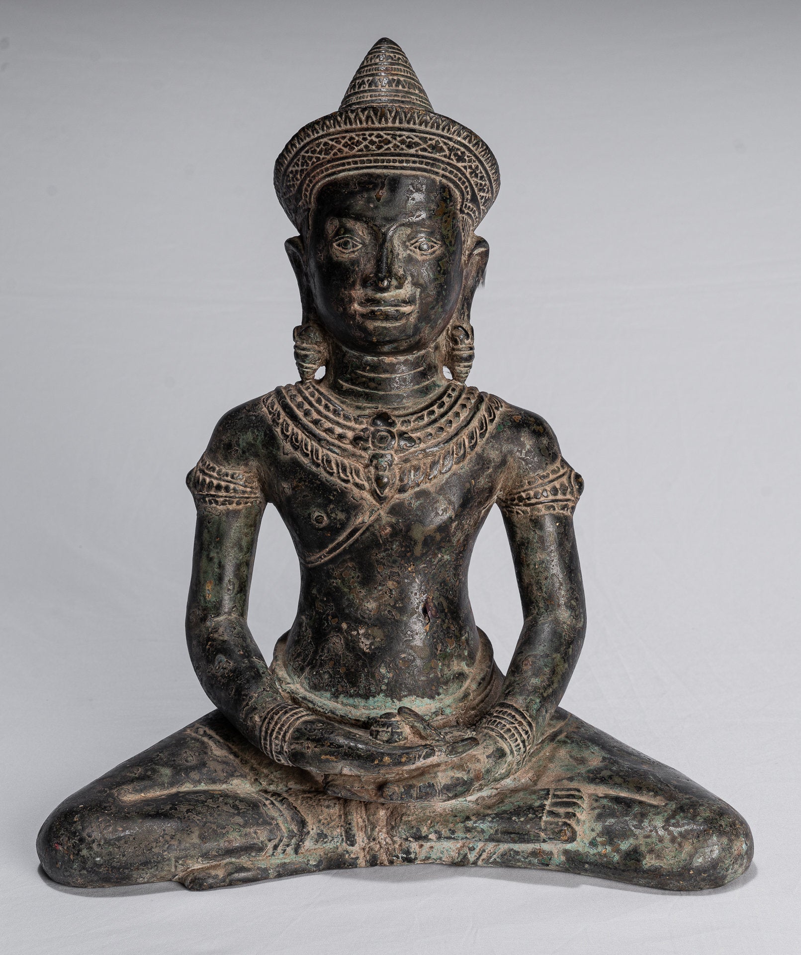 Buddha Statue - Antique Khmer Style Bronze Seated Amitbha Meditation Buddha Statue - 34cm/14"