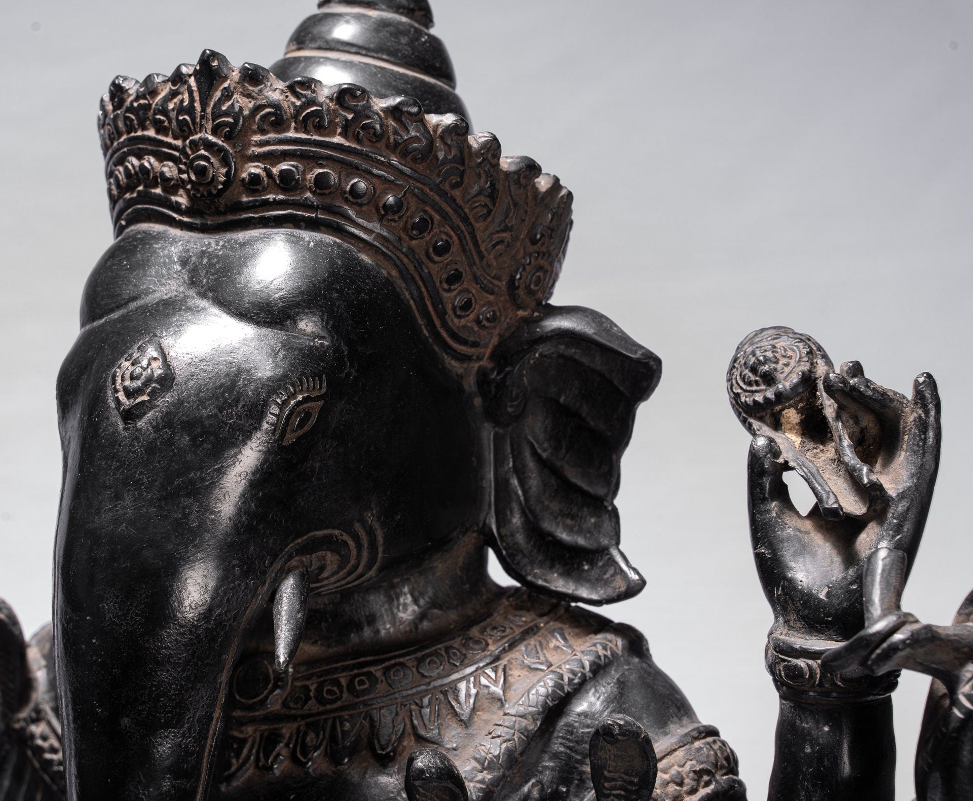 Ganesha Statue - Antique Khmer Style Standing Bronze Bayon Ganesha Statue and Yoni - 84cm/34"