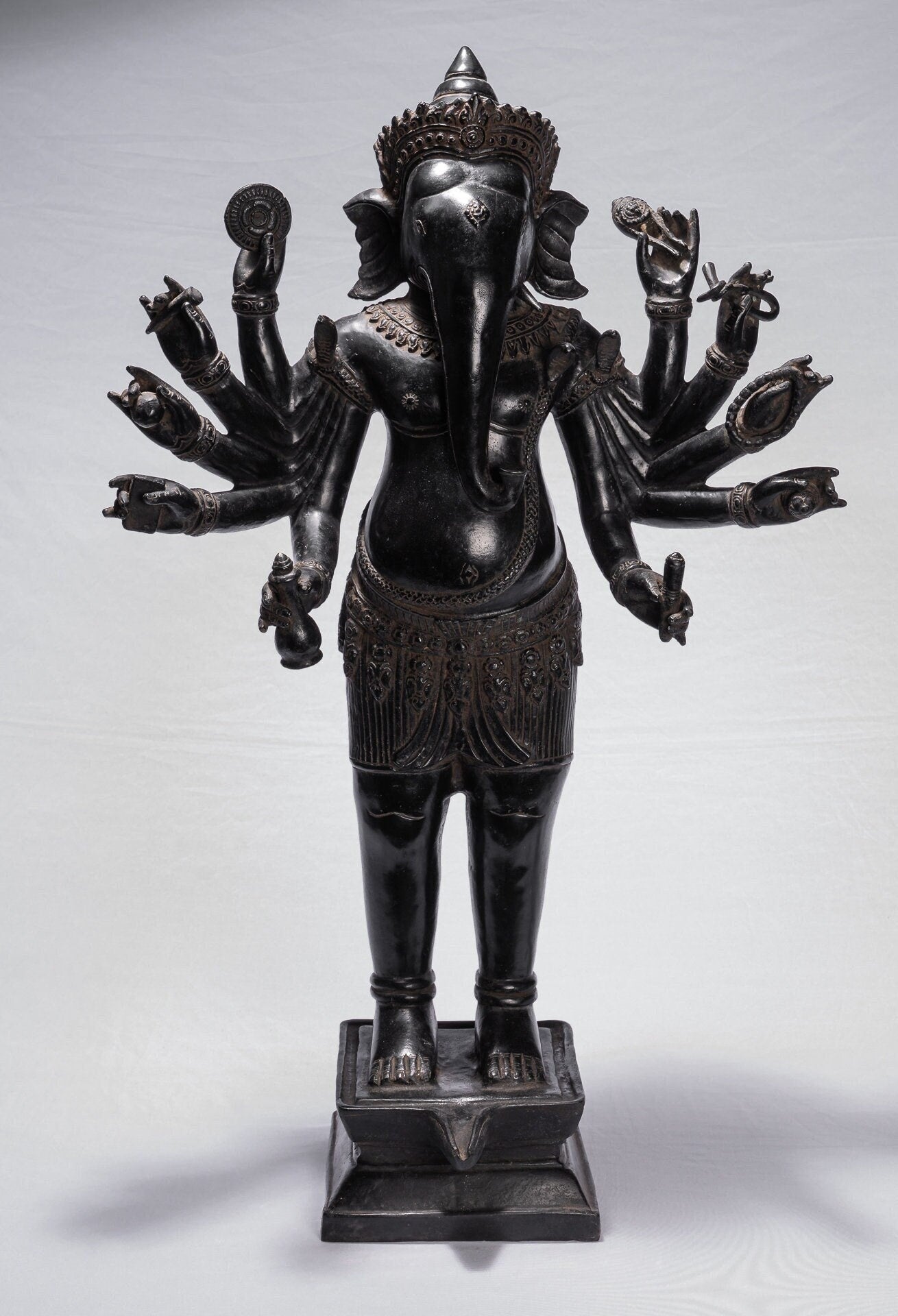 Ganesha Statue - Antique Khmer Style Standing Bronze Bayon Ganesha Statue and Yoni - 84cm/34"