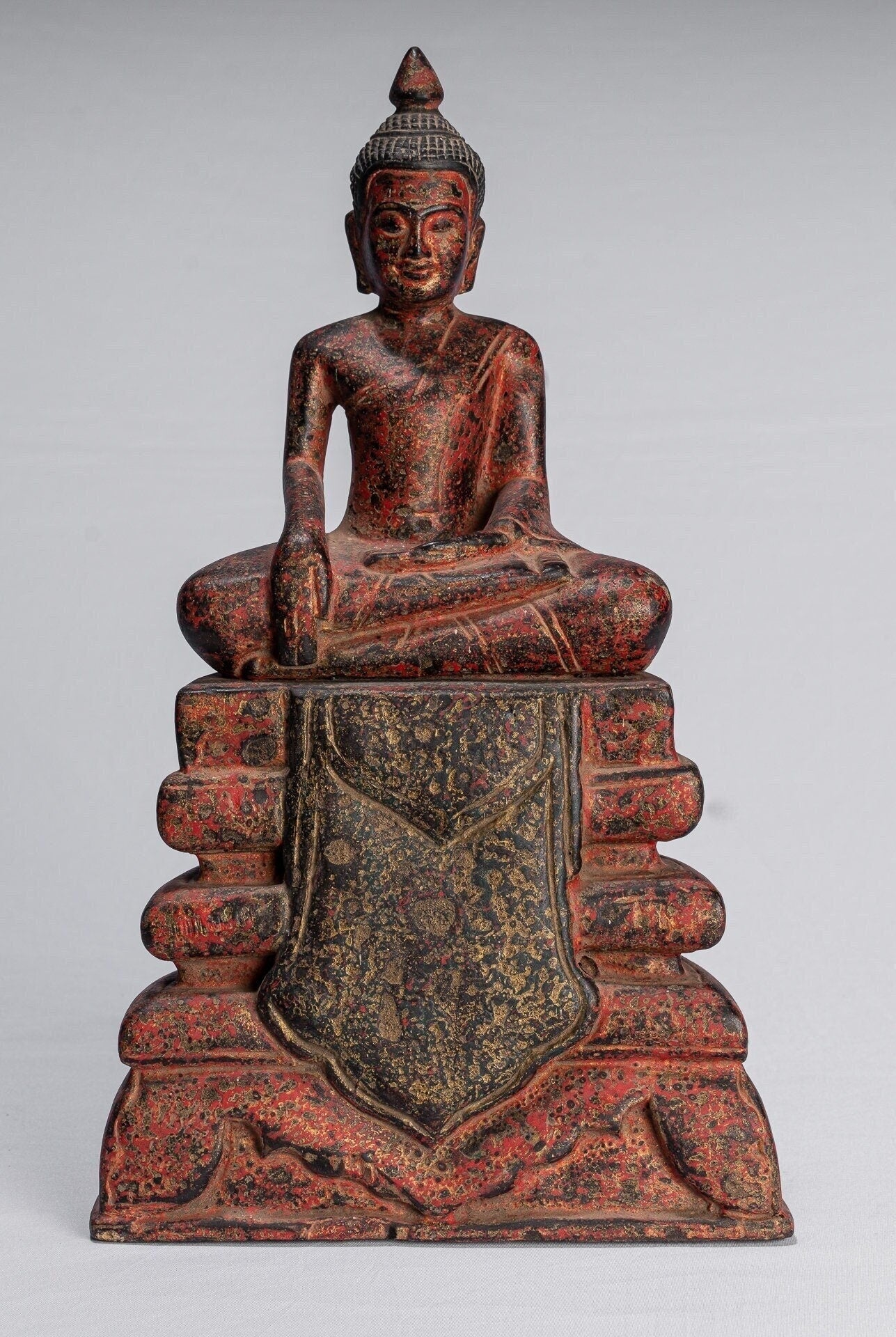 Bouddha-Antique Khmer Style SE Asia Wood Enlightenment Buddha Statue-35cm/14 "