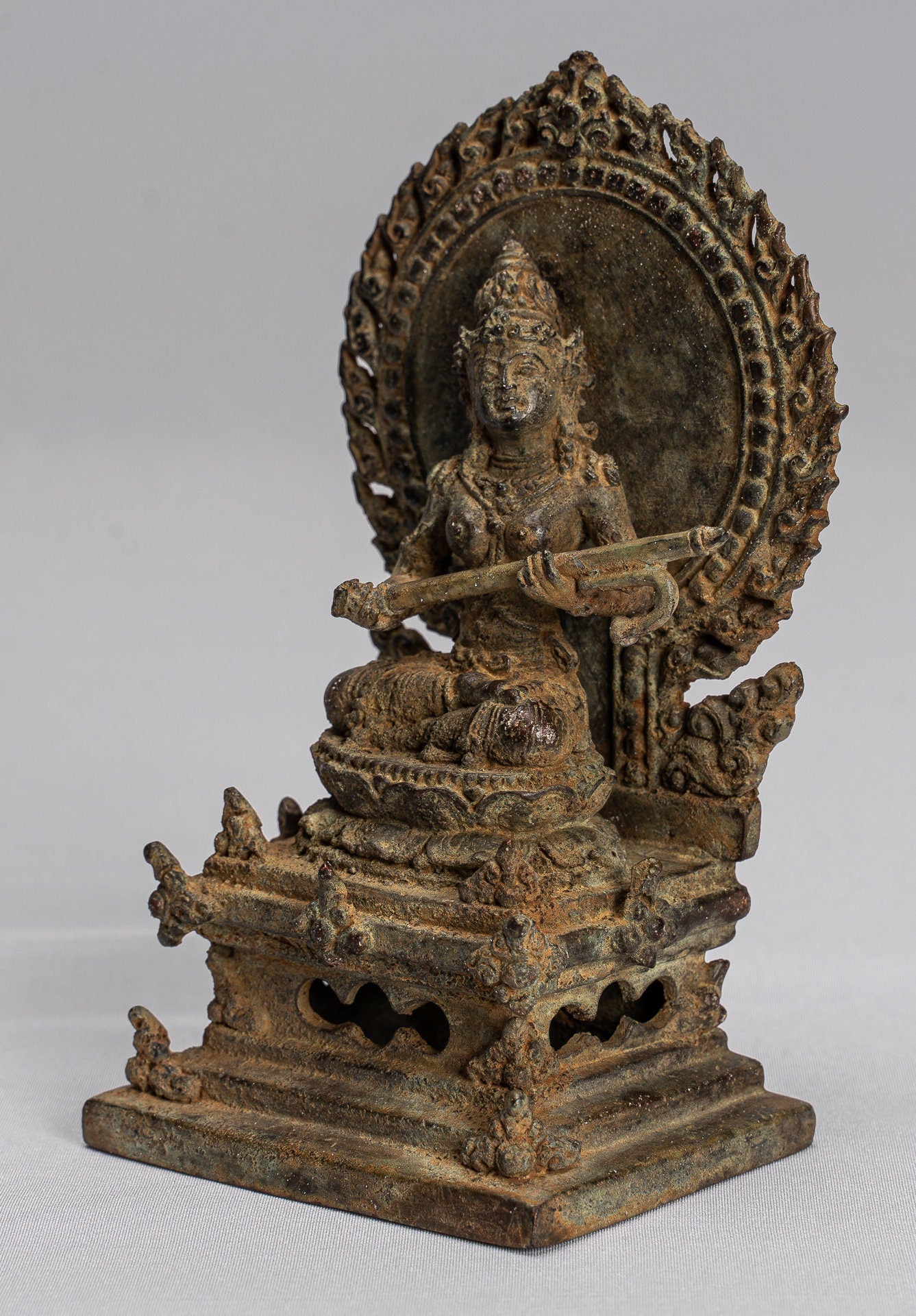Tara Statue - Antique Java Style Majapahit Seated Bronze Devi Tara Statue - 14cm/6"