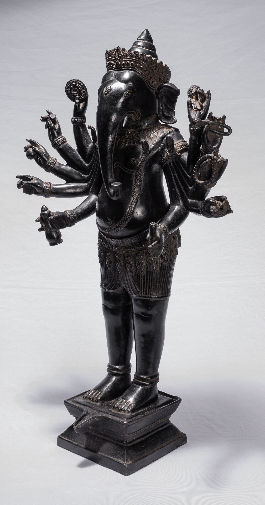 Ganesha Statue - Antique Khmer Style Standing Bronze Bayon Ganesha Statue and Yoni - 84cm/34"
