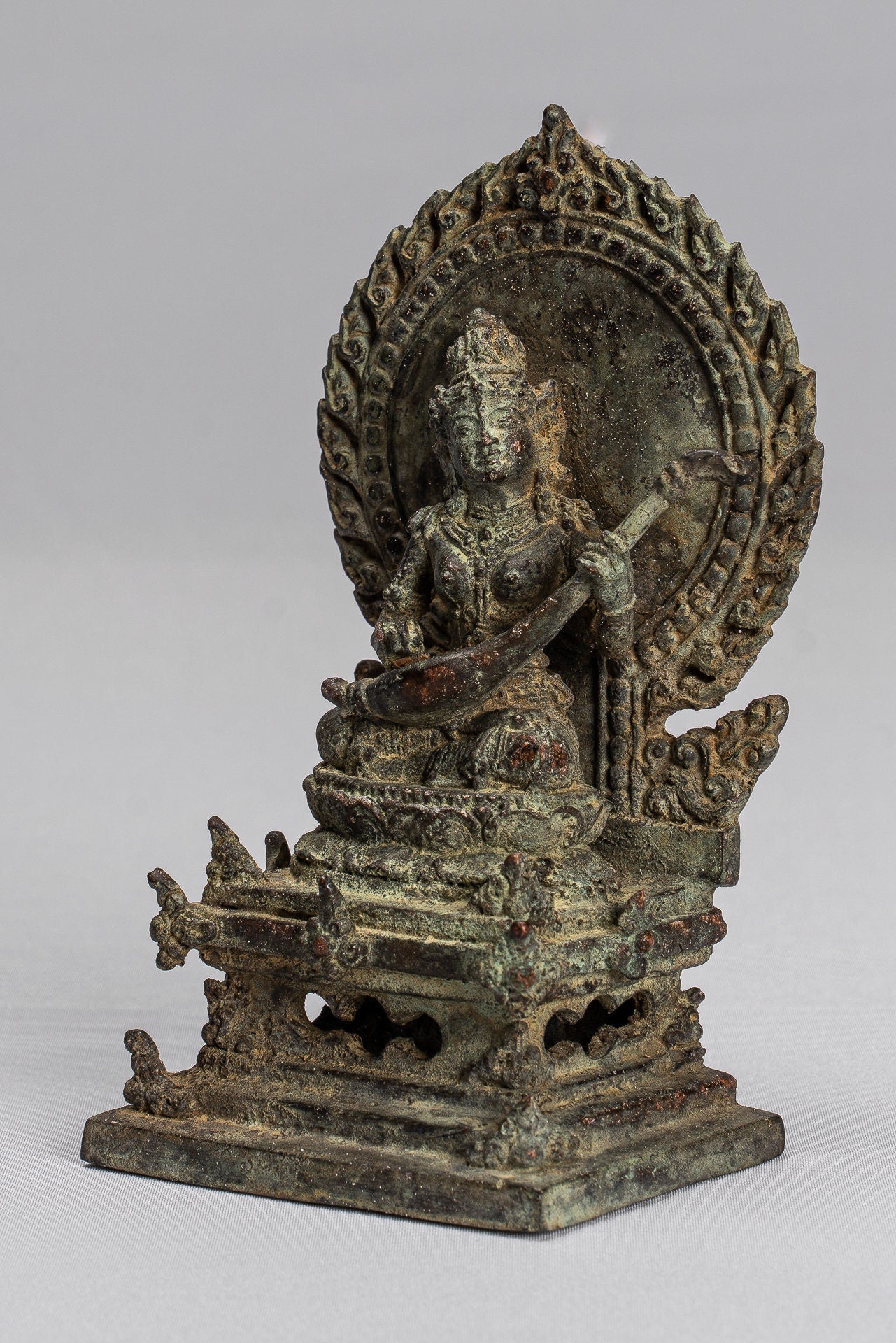 Tara Statue - Antique Java Style Majapahit Seated Bronze Devi Tara Statue - 14cm/6"